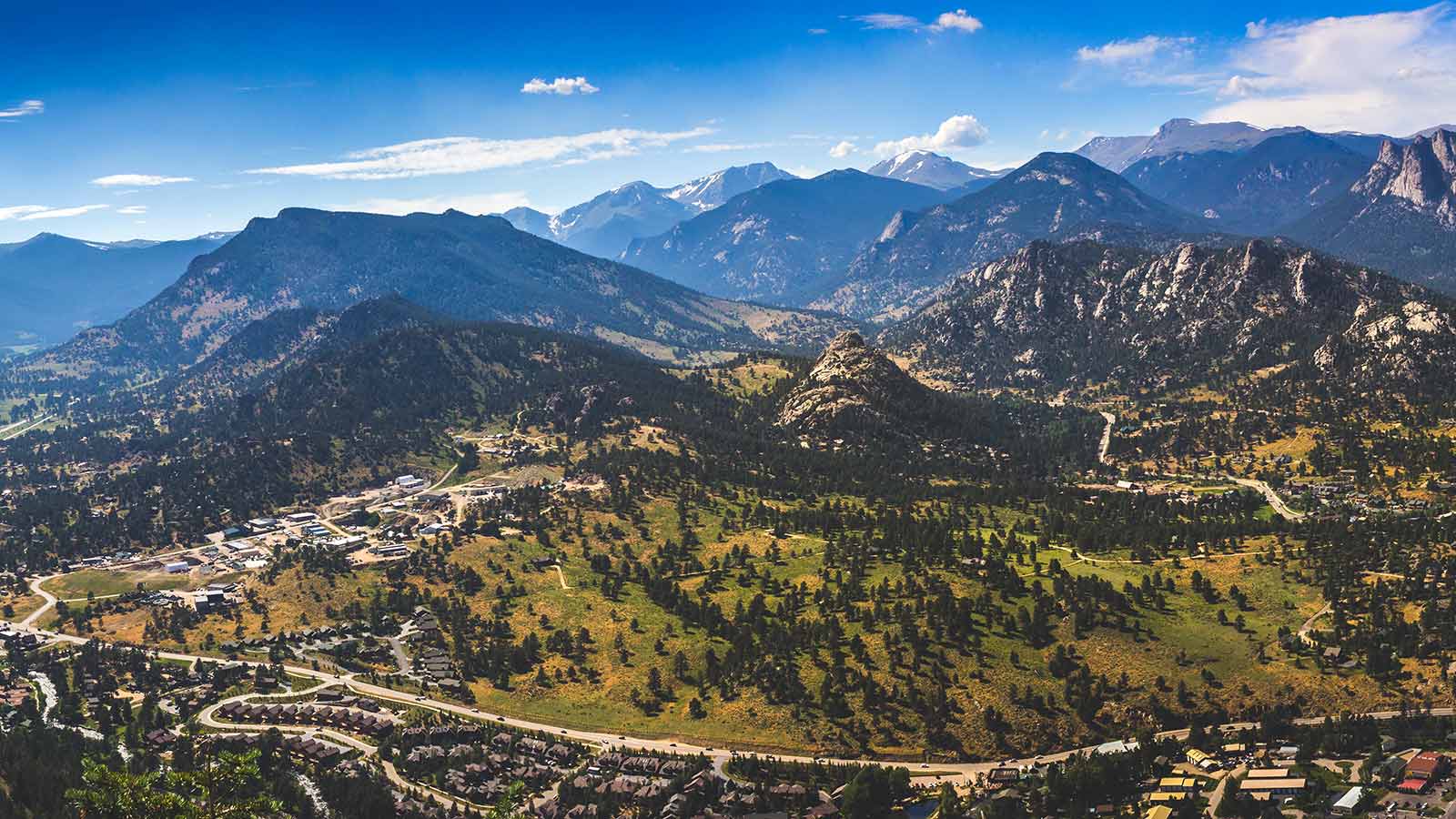 Aerial view of the city of Estes Park at the east entrance to Rocky Mountain National Park