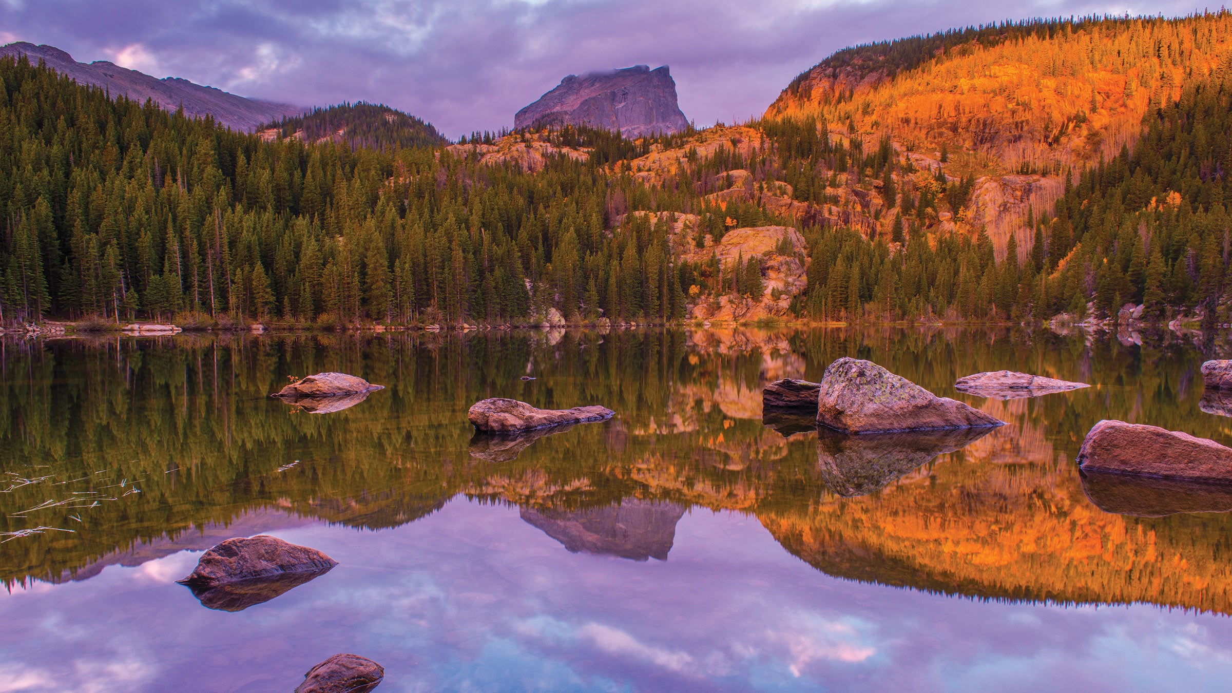 Bear Lake reflection at sunrise in Rocky Mountain National Park